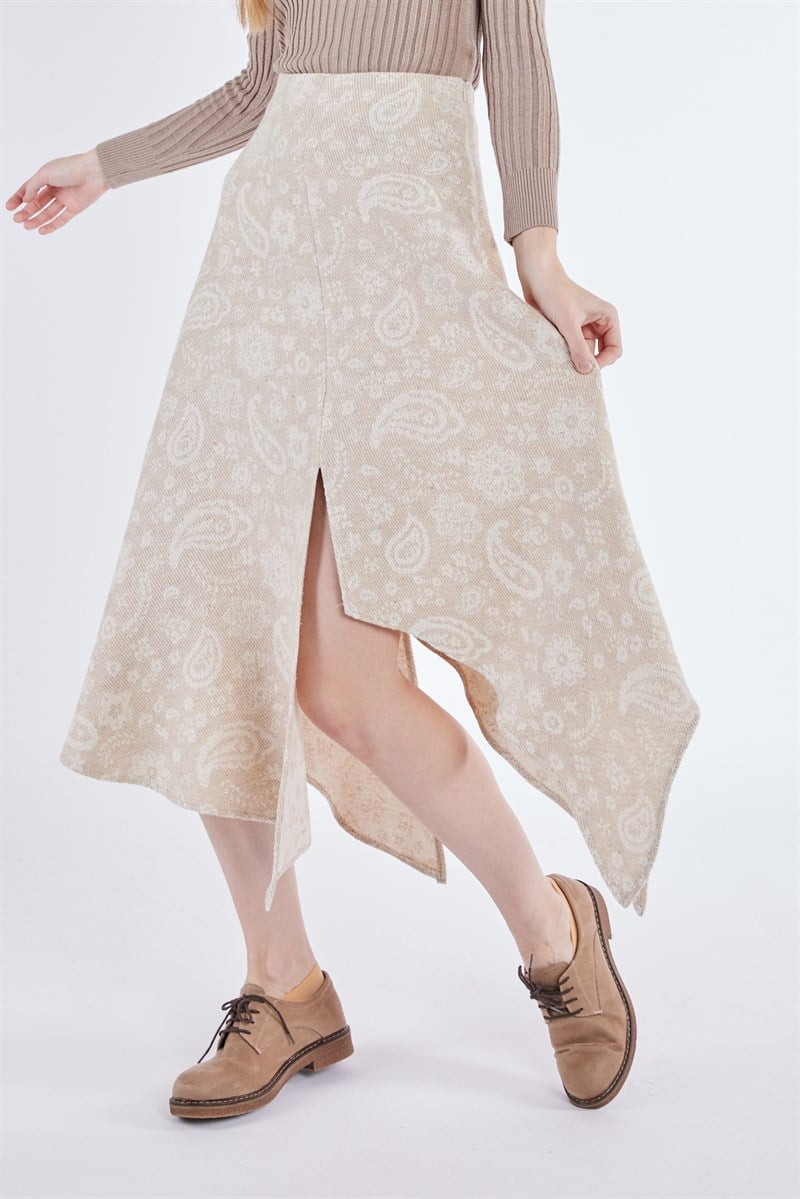 Asimetrik Kesim Etek - Bej Desenli
