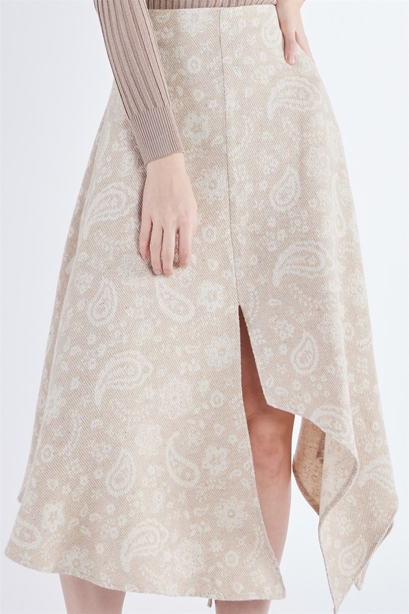 Asimetrik Kesim Etek - Bej Desenli