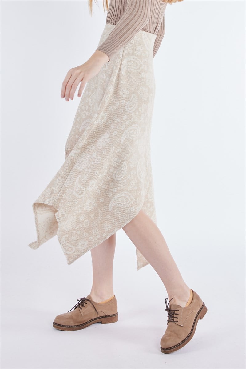 Asimetrik Kesim Etek - Bej Desenli