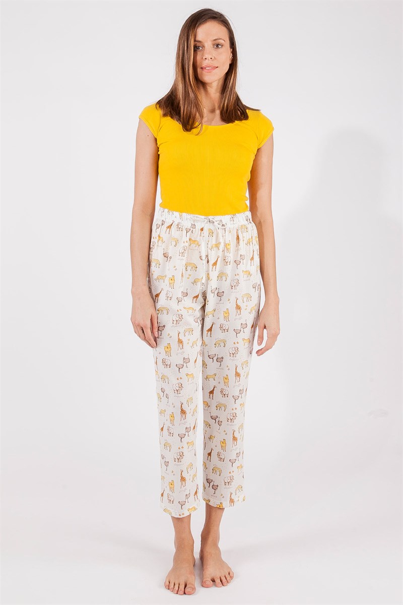 Bel Lastikli Pijama - Ekru Desenli