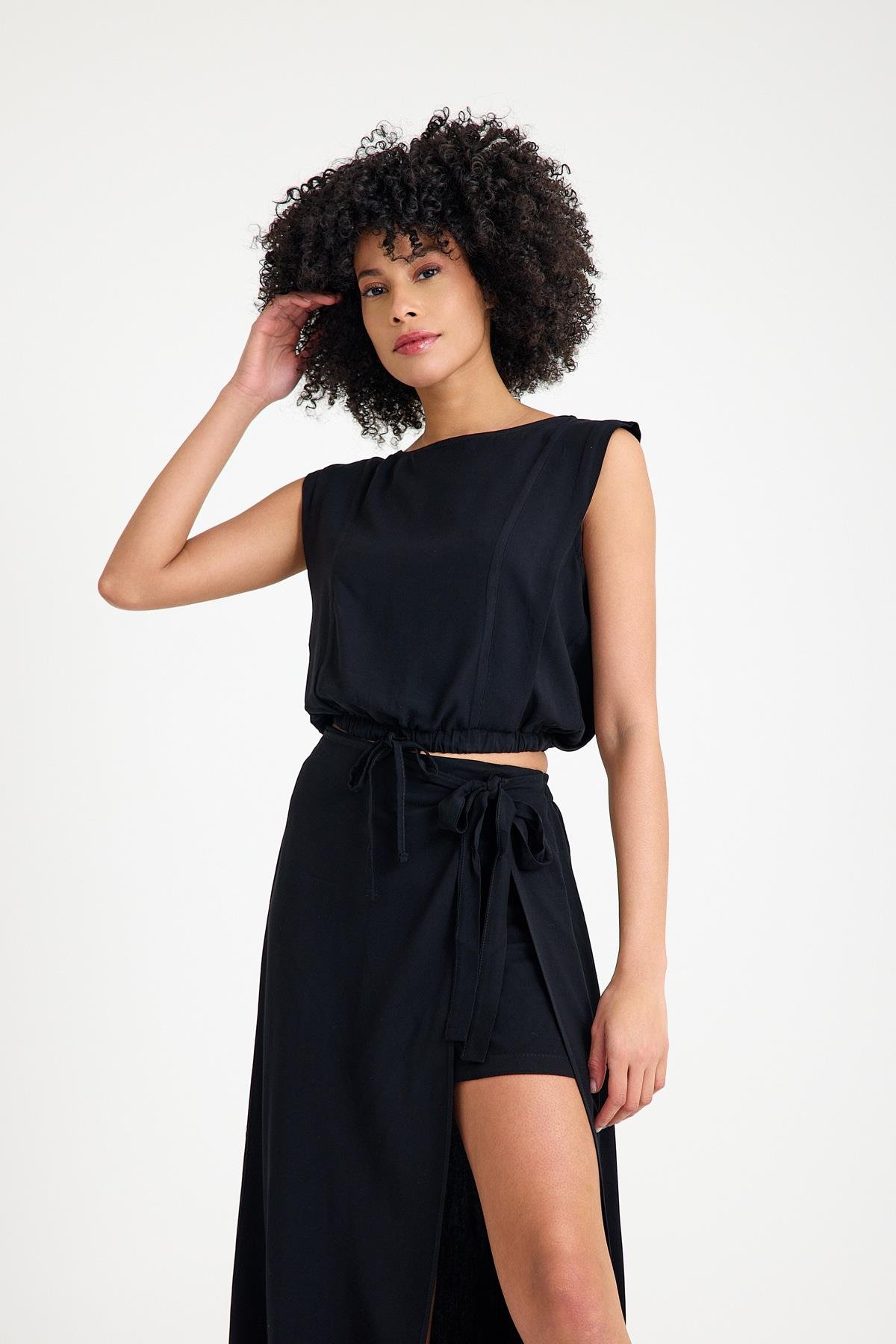 Beli Bağlamalı Bluz - Siyah