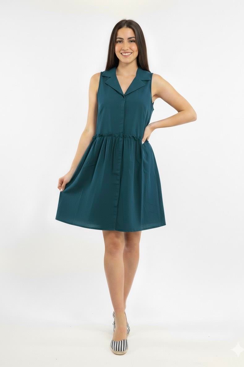 Ceket Yaka Elbise-Petrol Mavisi