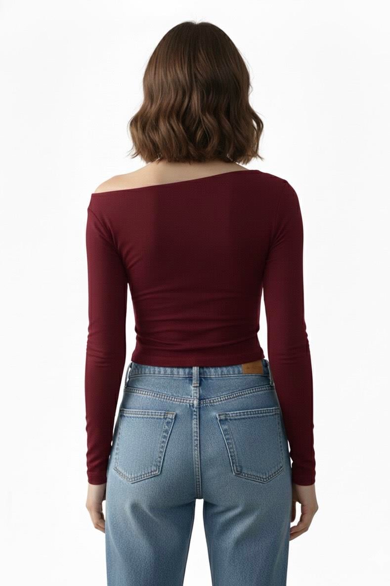 Düşük Omuz Detaylı Bluz - Bordo