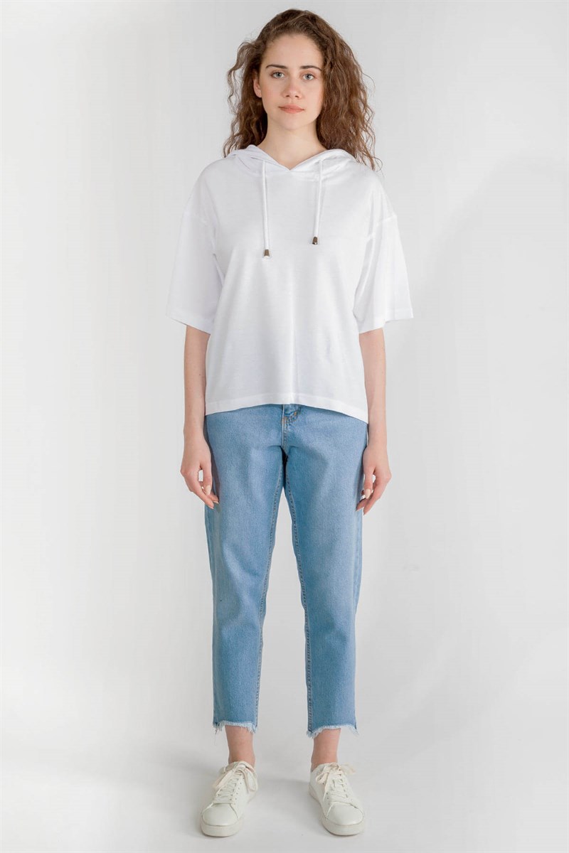 Kapüşonlu Sweatshirt - Beyaz