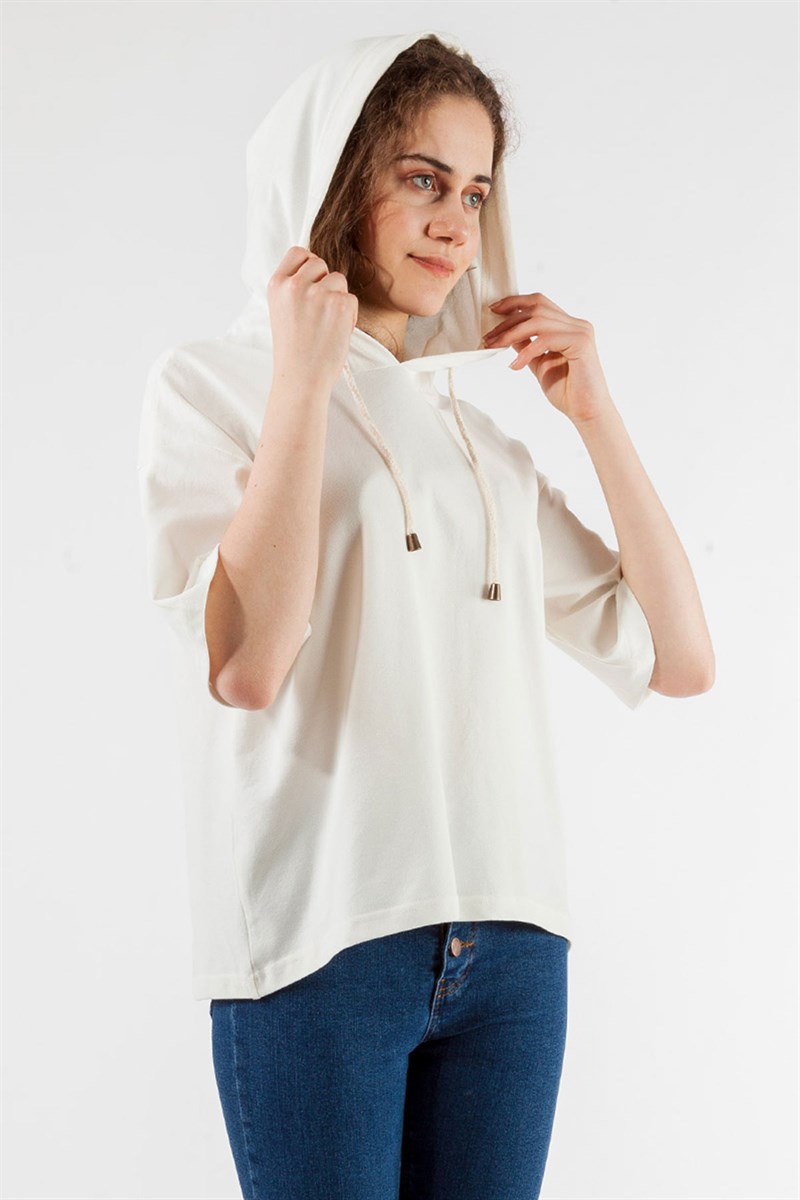Kapüşonlu Sweatshirt - Ekru