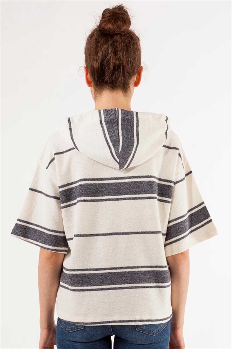 Kapüşonlu Sweatshirt - Ekru Antrasit Çizgili