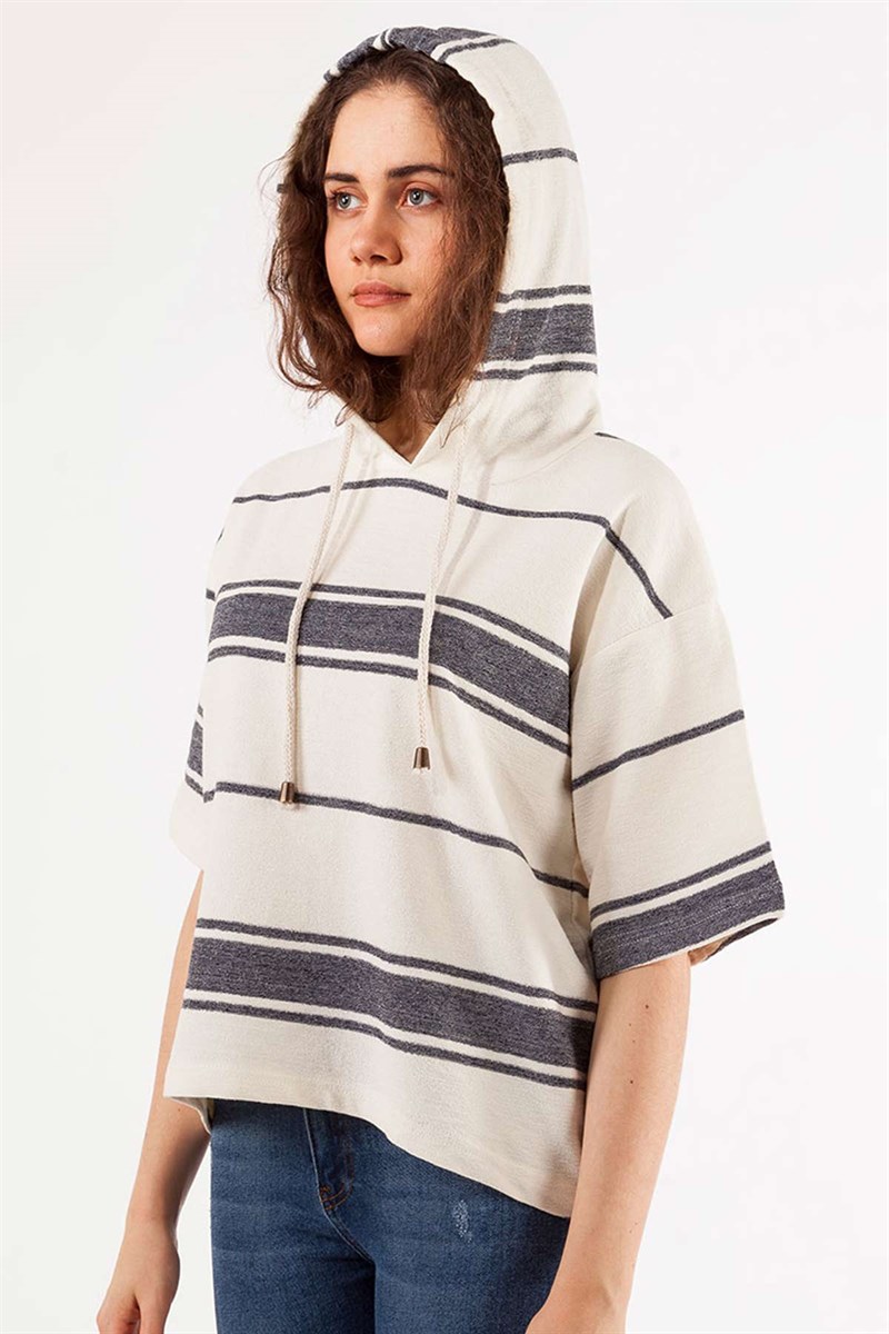 Kapüşonlu Sweatshirt - Ekru Antrasit Çizgili
