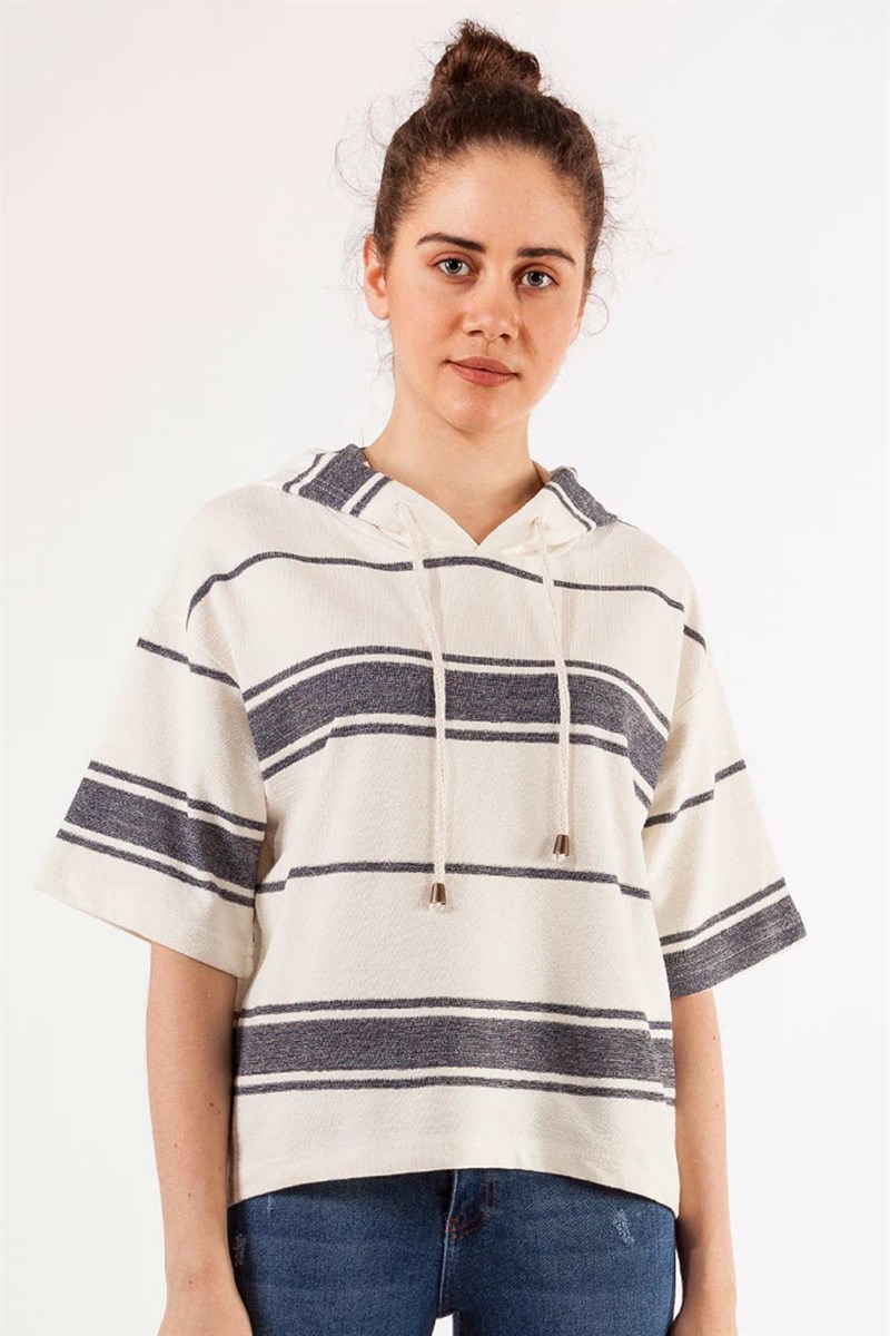 Kapüşonlu Sweatshirt - Ekru Antrasit Çizgili