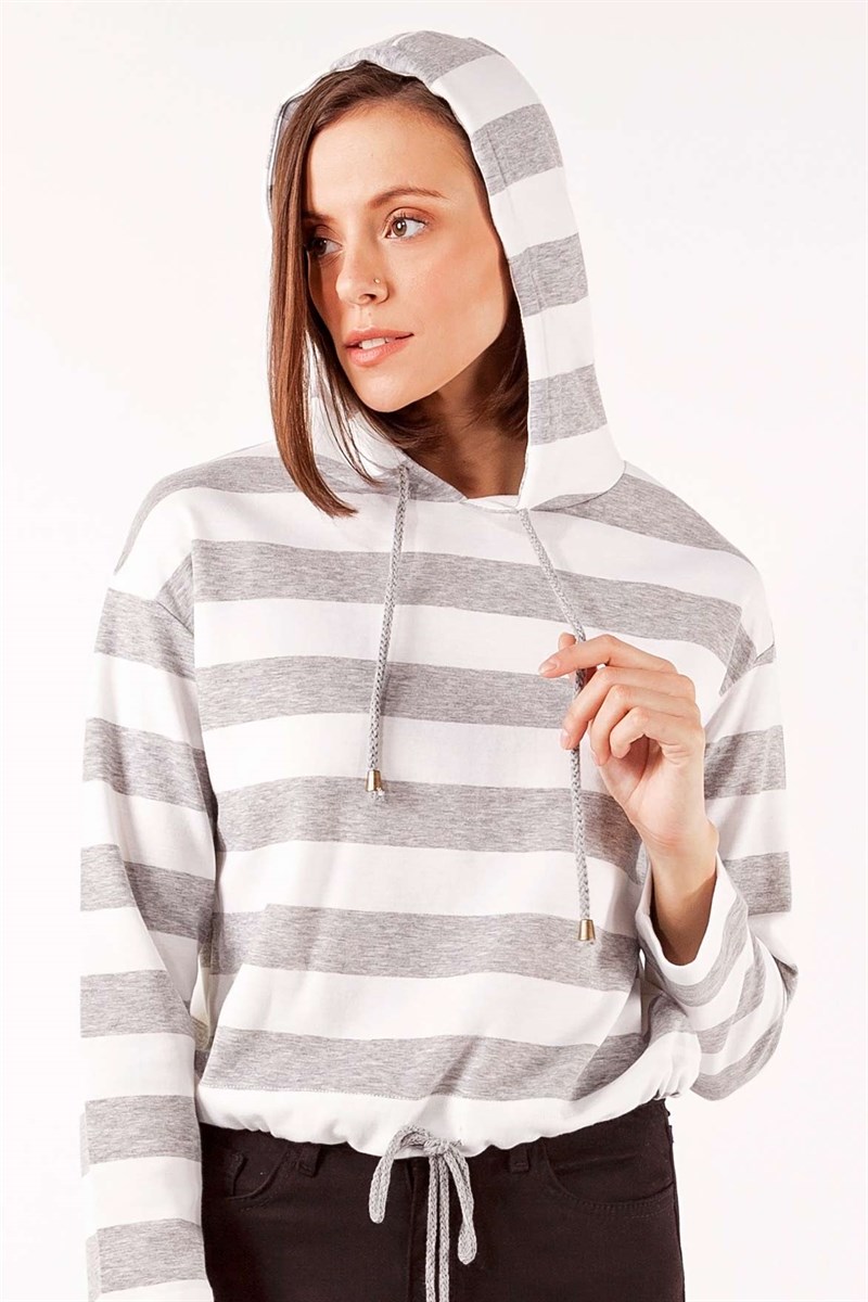 Kapüşonlu Sweatshirt - Ekru Gri Çizgili