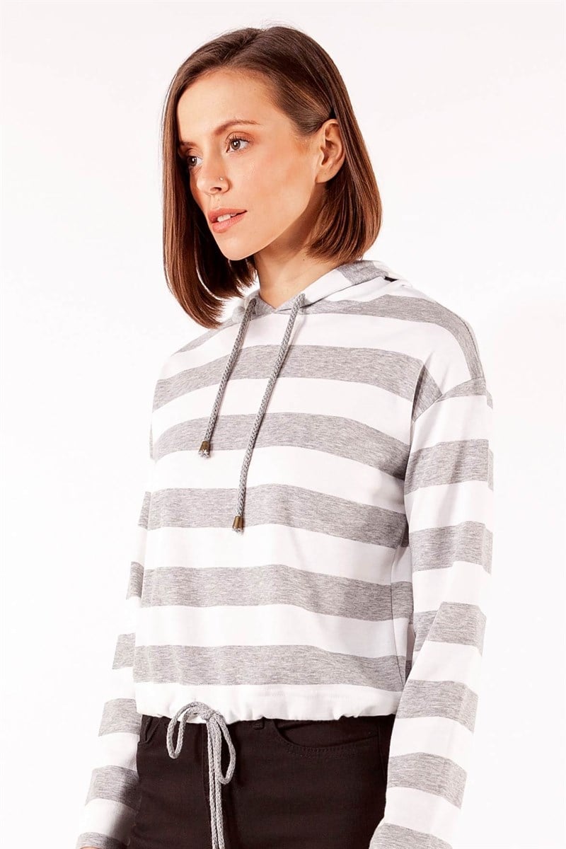 Kapüşonlu Sweatshirt - Ekru Gri Çizgili