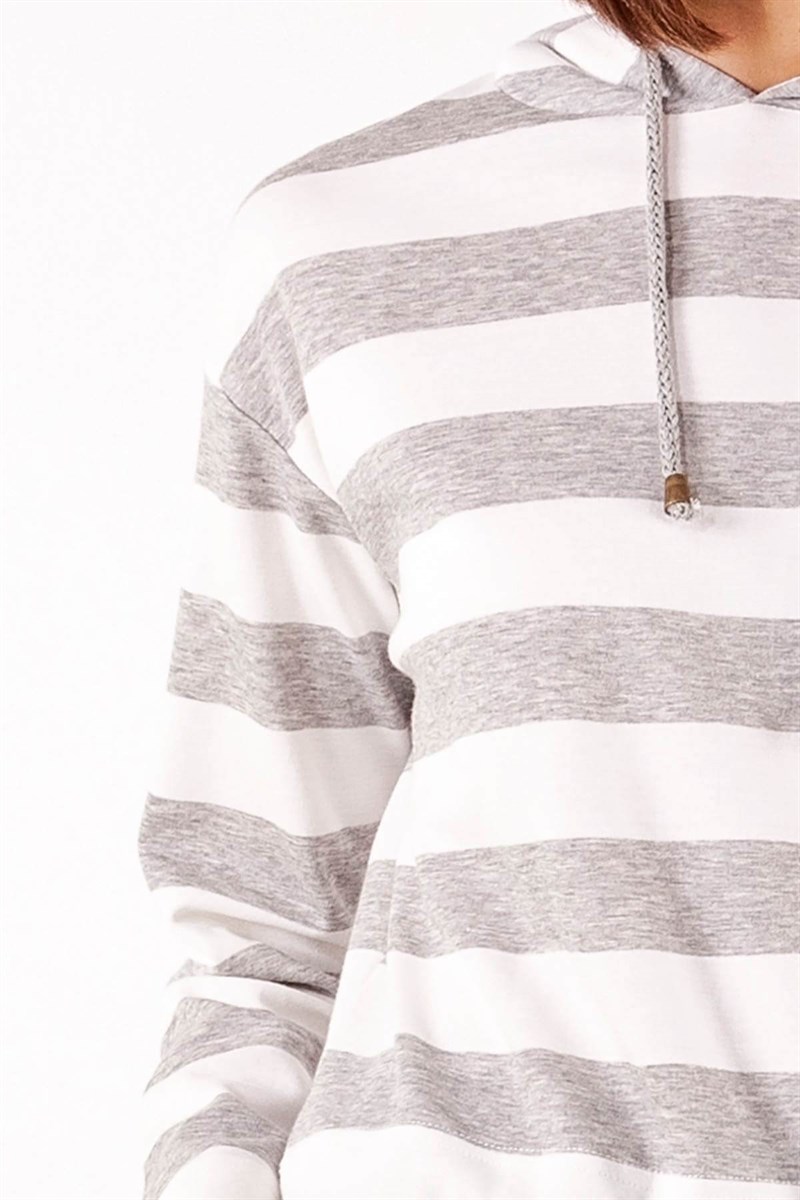 Kapüşonlu Sweatshirt - Ekru Gri Çizgili