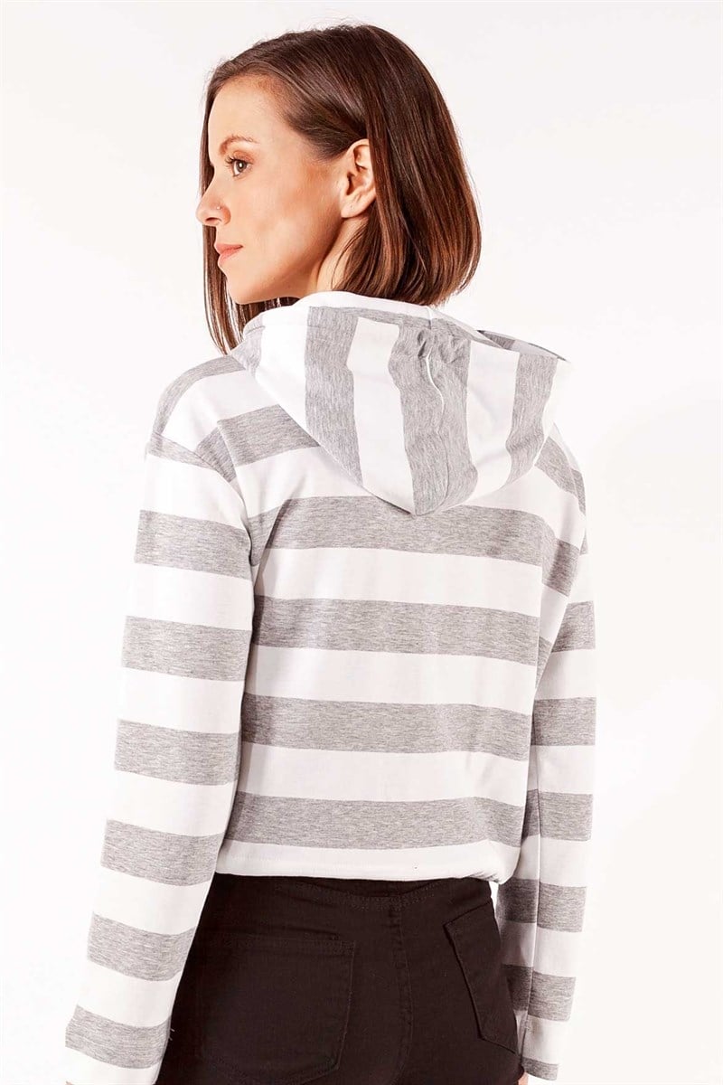Kapüşonlu Sweatshirt - Ekru Gri Çizgili