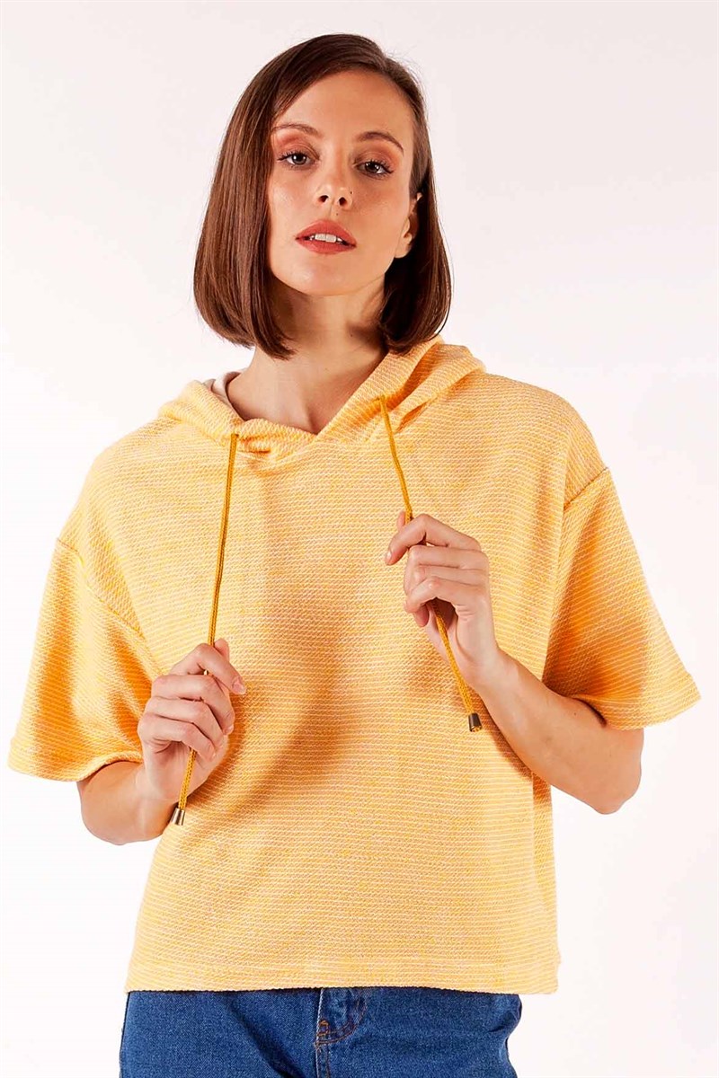 Kapüşonlu Sweatshirt - Hardal Desenli