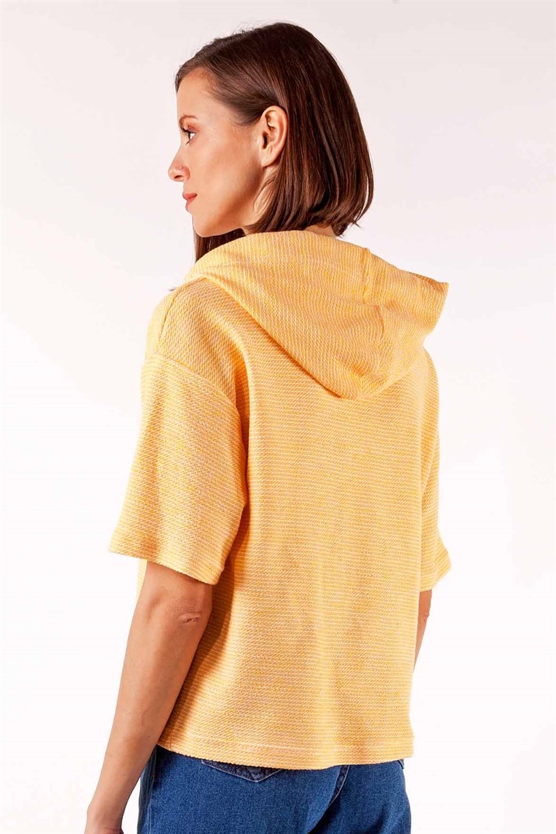 Kapüşonlu Sweatshirt - Hardal Desenli