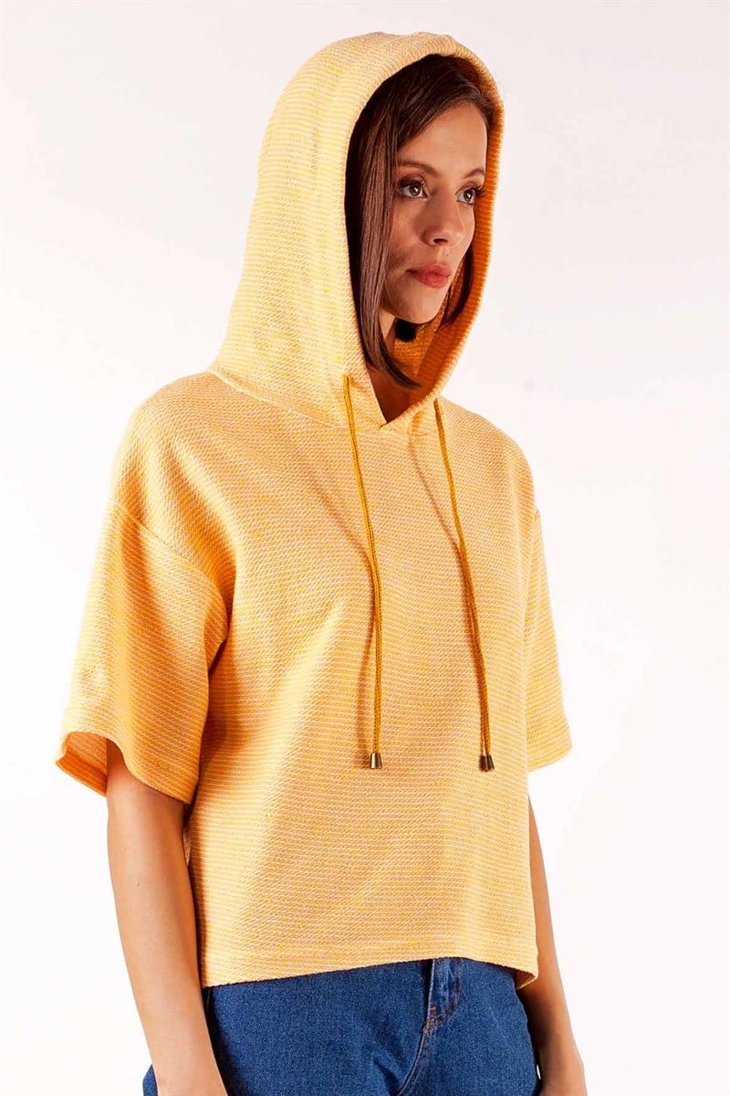 Kapüşonlu Sweatshirt - Hardal Desenli