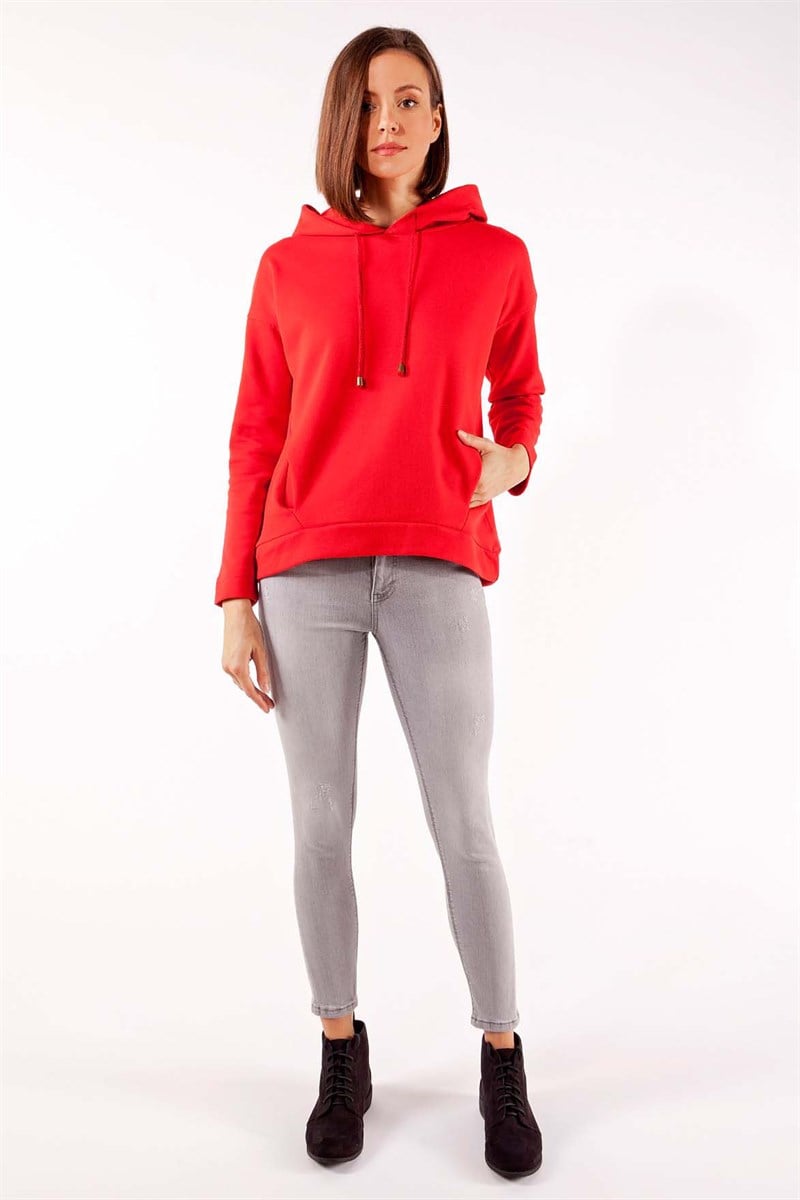 Kapüşonlu Sweatshirt - Kırmızı