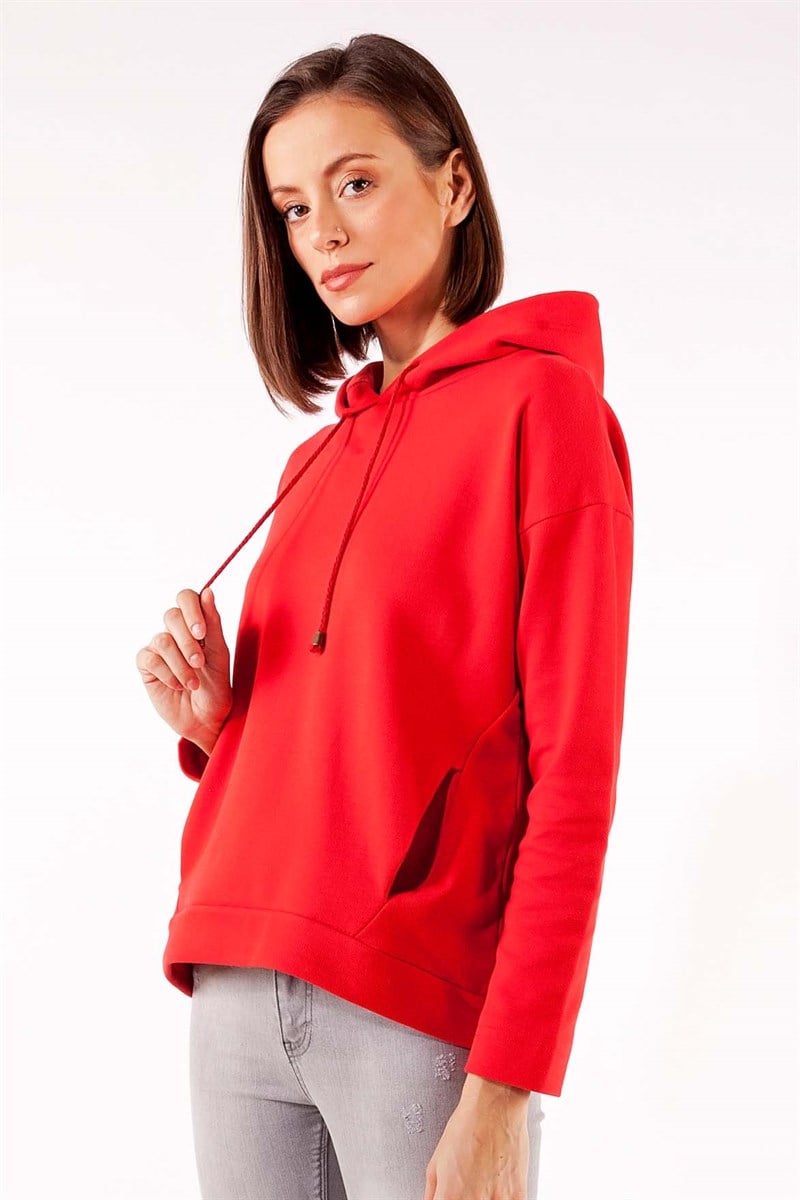 Kapüşonlu Sweatshirt - Kırmızı
