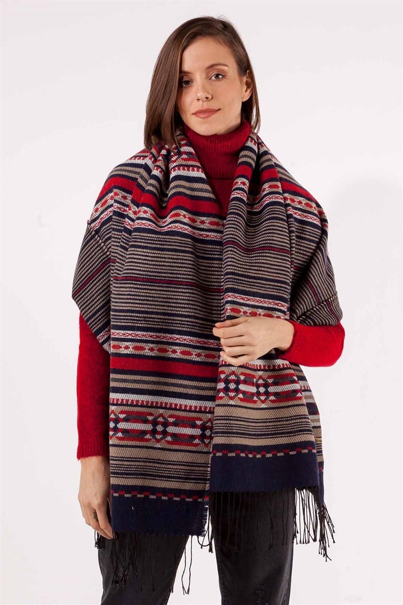 Kilim Desenli Püsküllü Şal -Kahve Desenli