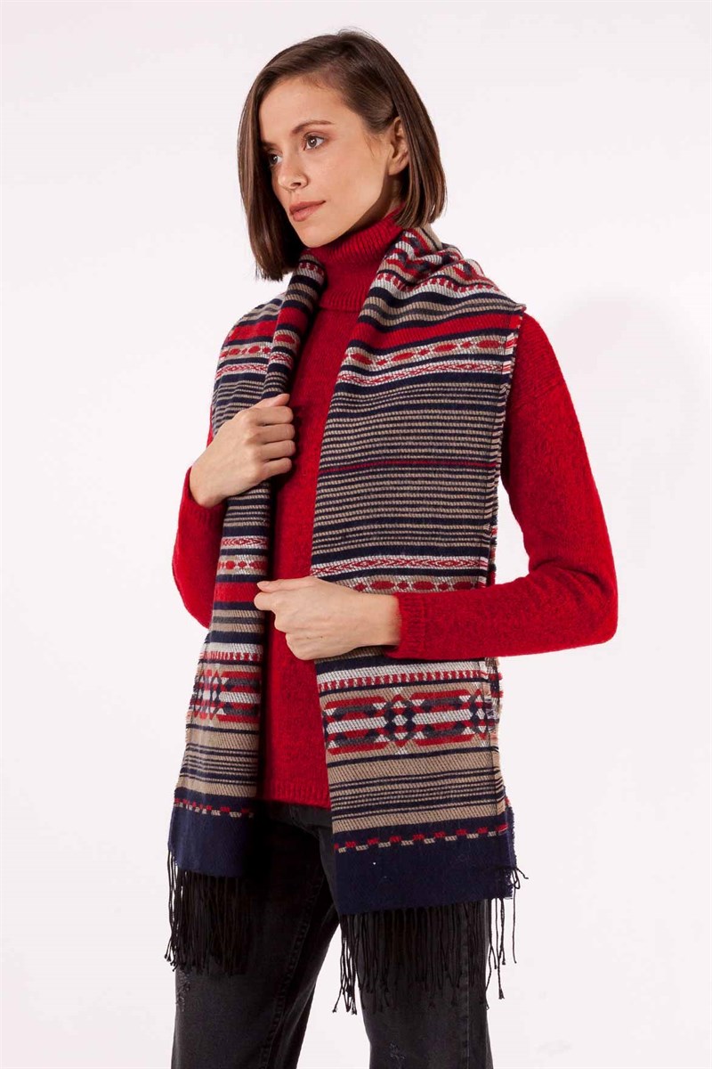 Kilim Desenli Püsküllü Şal -Kahve Desenli