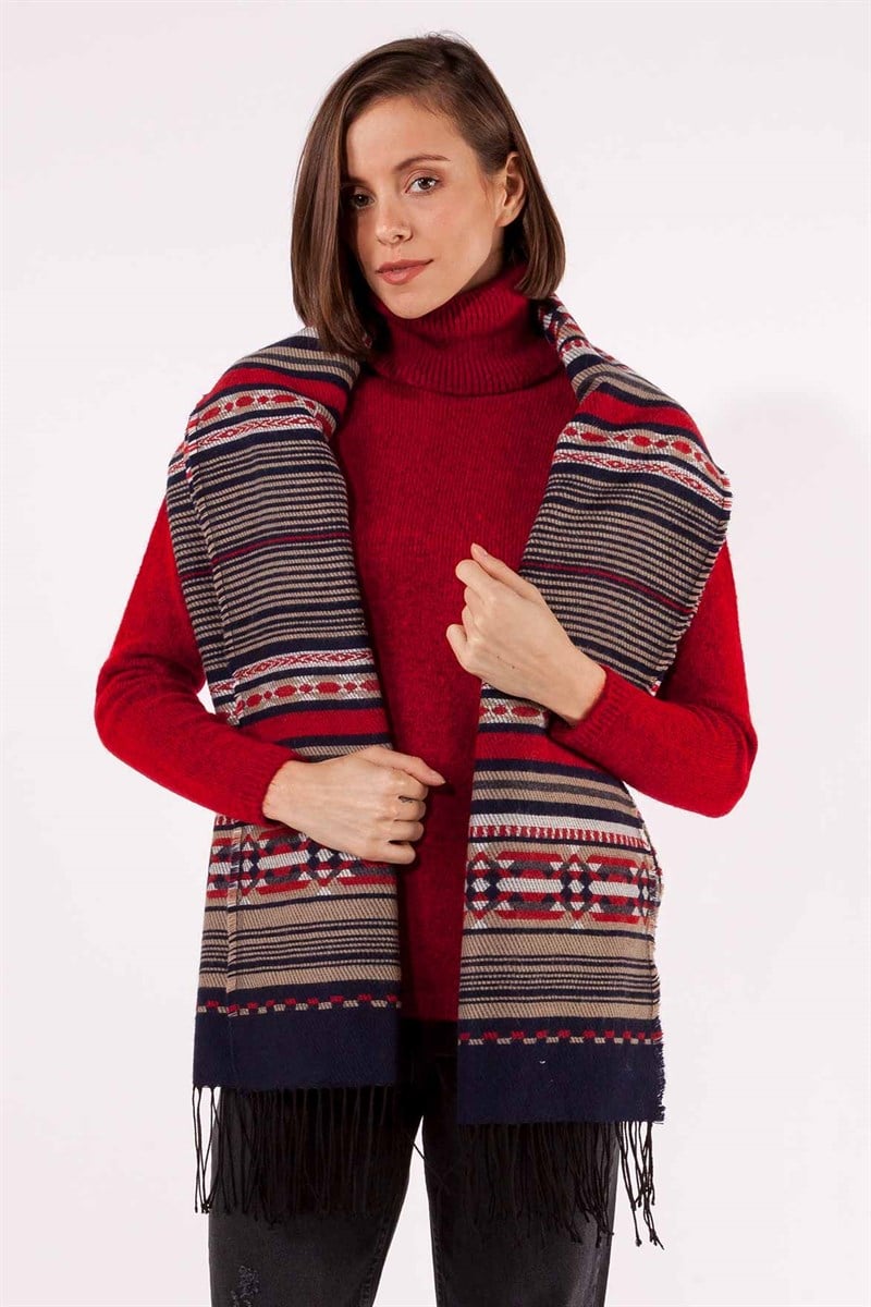 Kilim Desenli Püsküllü Şal -Kahve Desenli