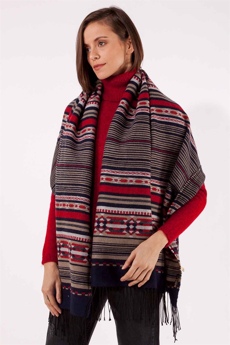 Kilim Desenli Püsküllü Şal -Kahve Desenli