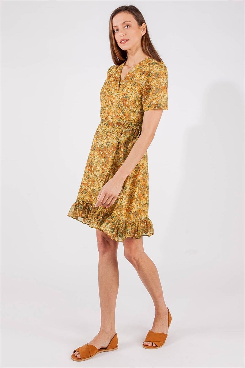 Kruvaze Elbise - Hardal Çiçekli