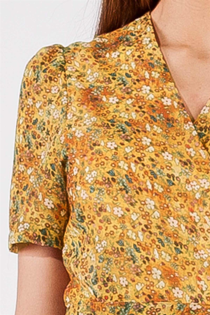 Kruvaze Elbise - Hardal Çiçekli