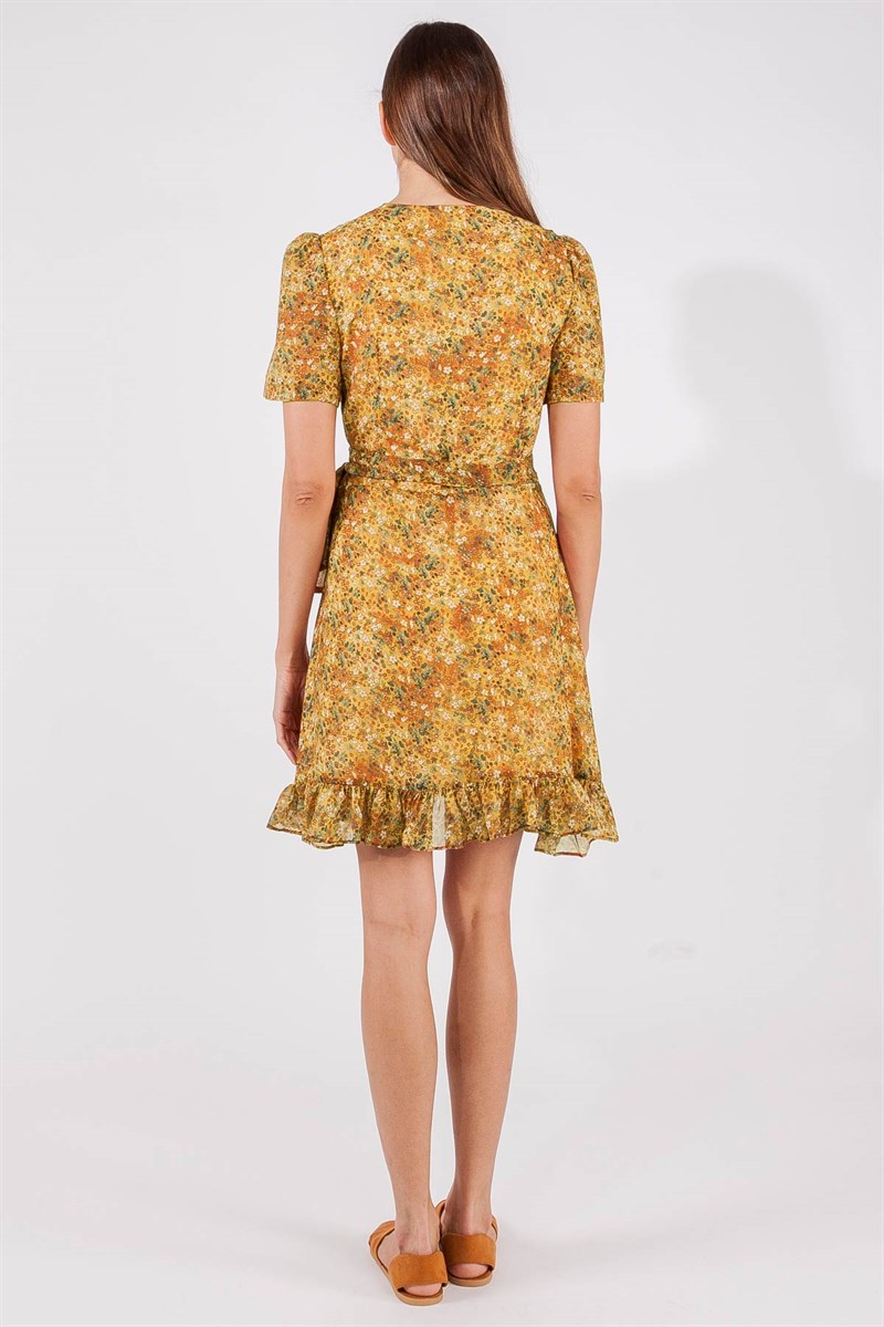 Kruvaze Elbise - Hardal Çiçekli