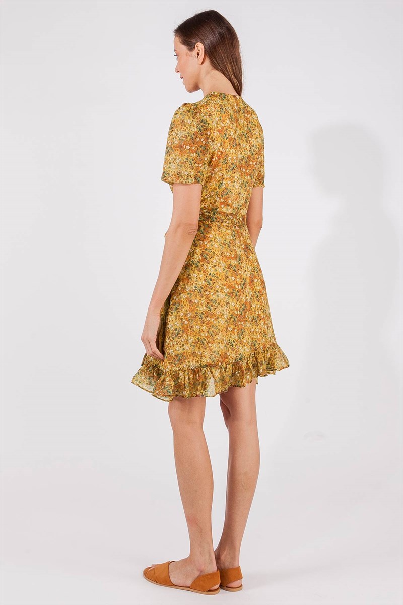 Kruvaze Elbise - Hardal Çiçekli