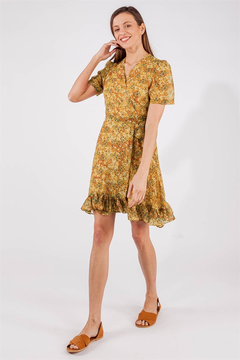 Kruvaze Elbise - Hardal Çiçekli
