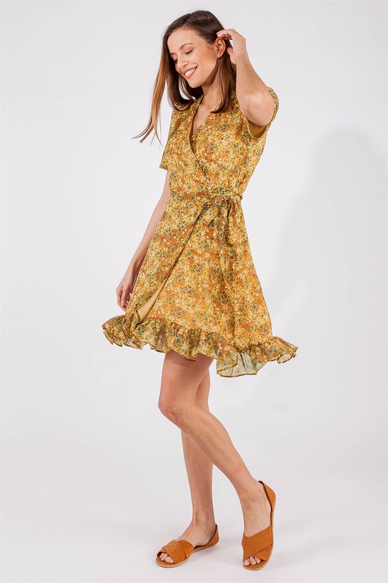 Kruvaze Elbise - Hardal Çiçekli