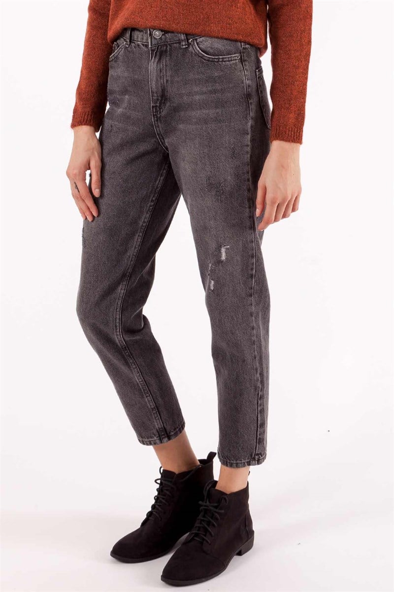 Lazer Kesim Kot Pantolon -Gri