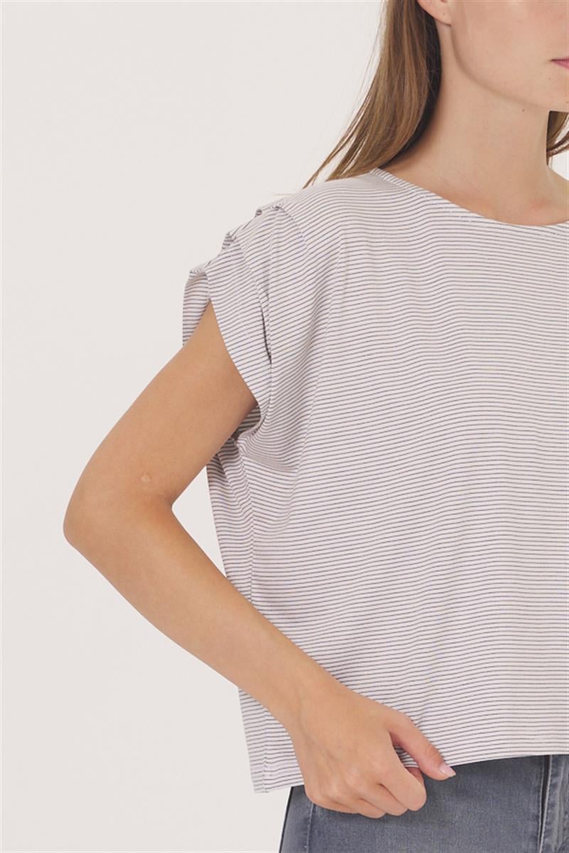 Omuz Detaylı Bluz - Ekru Çizgili