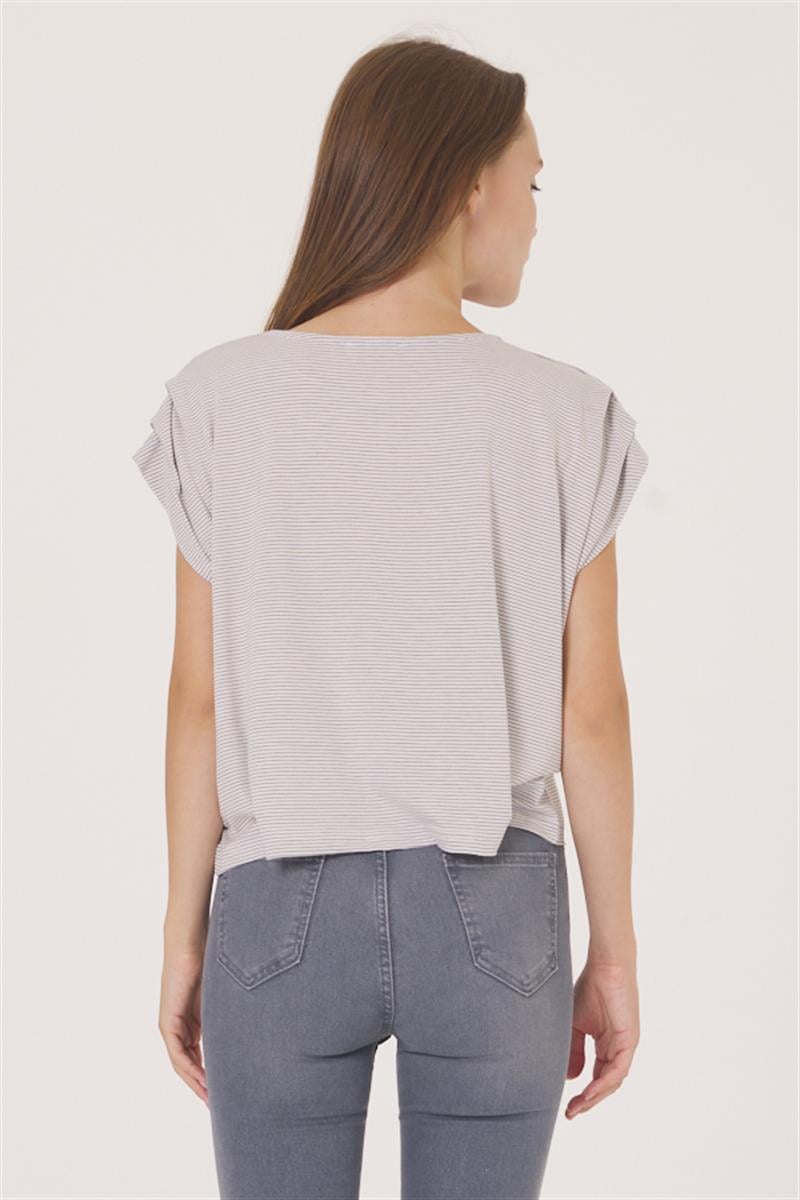 Omuz Detaylı Bluz - Ekru Çizgili