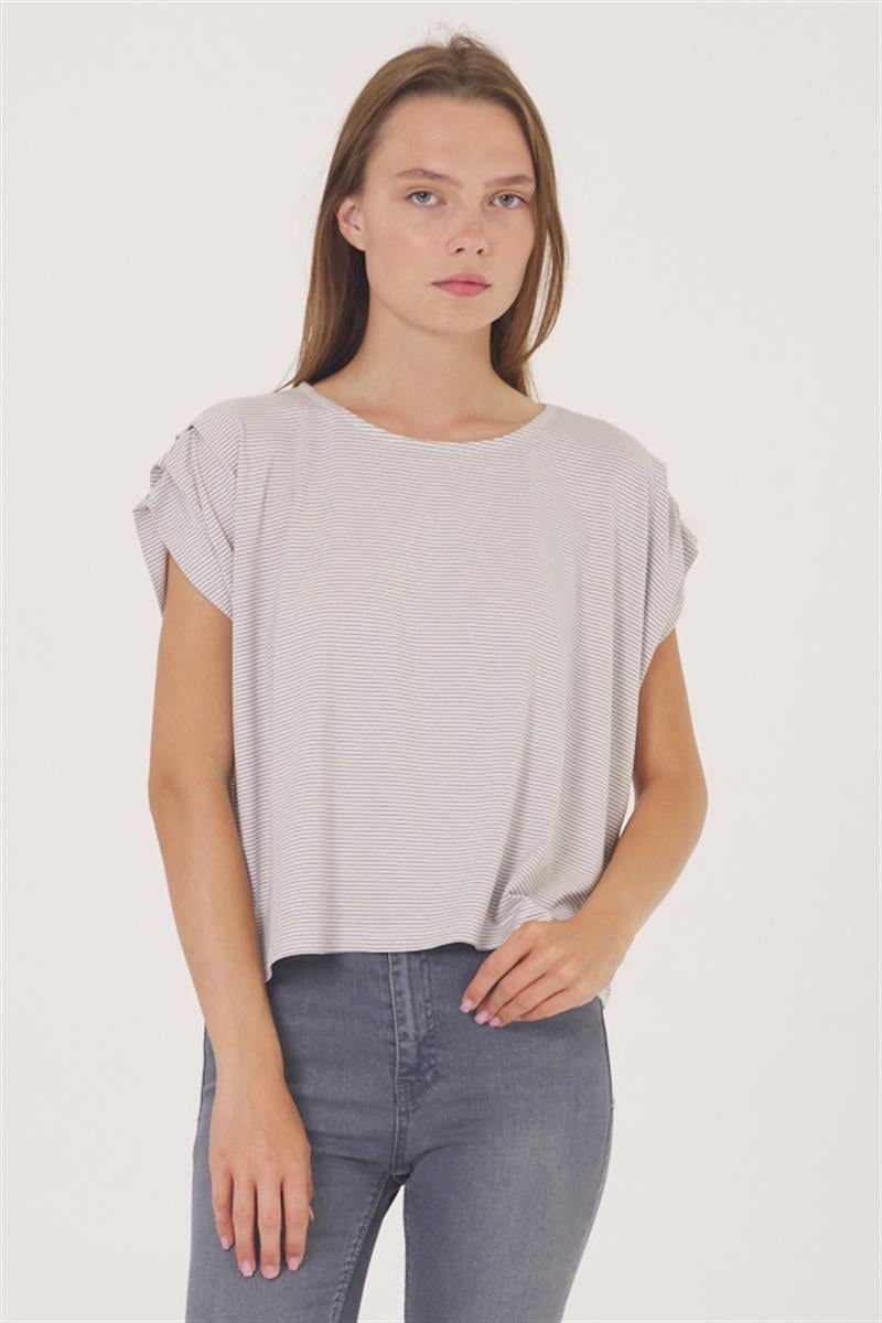 Omuz Detaylı Bluz - Ekru Çizgili