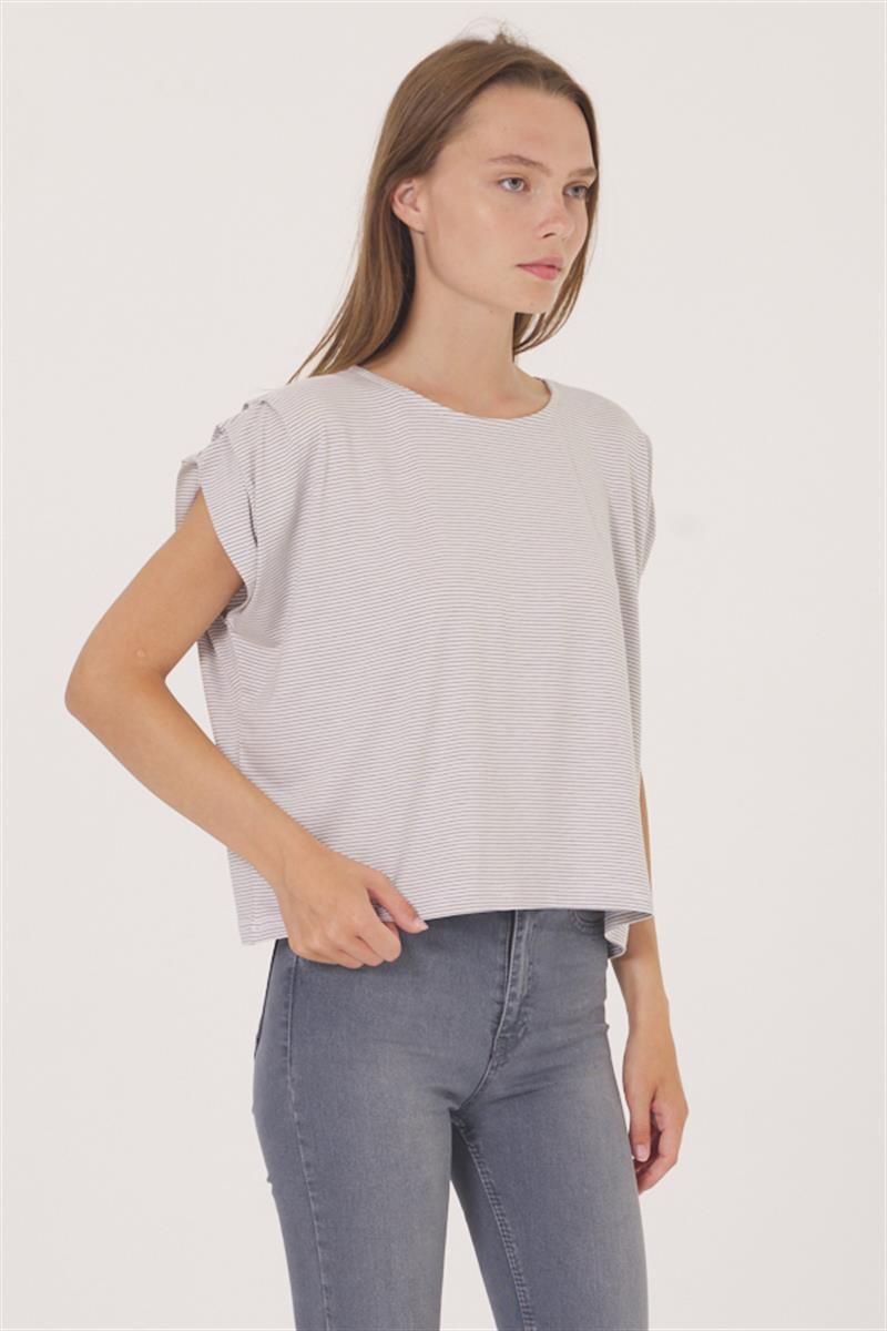 Omuz Detaylı Bluz - Ekru Çizgili