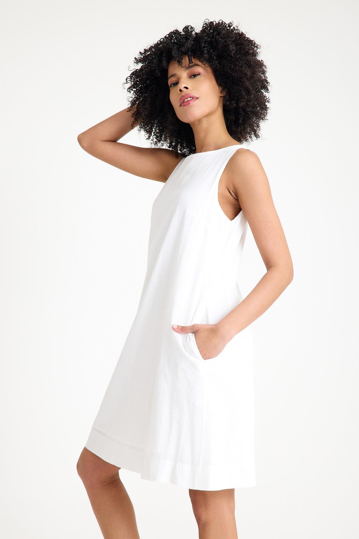 Omuzdan Düğmeli Elbise - Ekru