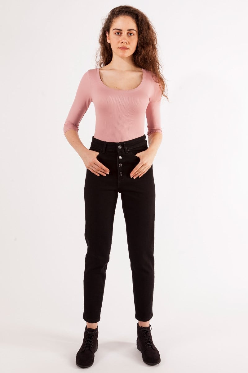 Önü Düğmeli Mom Kot Pantolon - Siyah