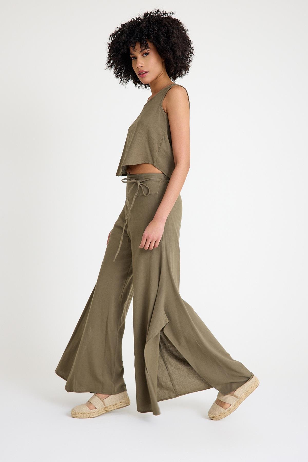 Oval Yaka Bluz - Açık Haki