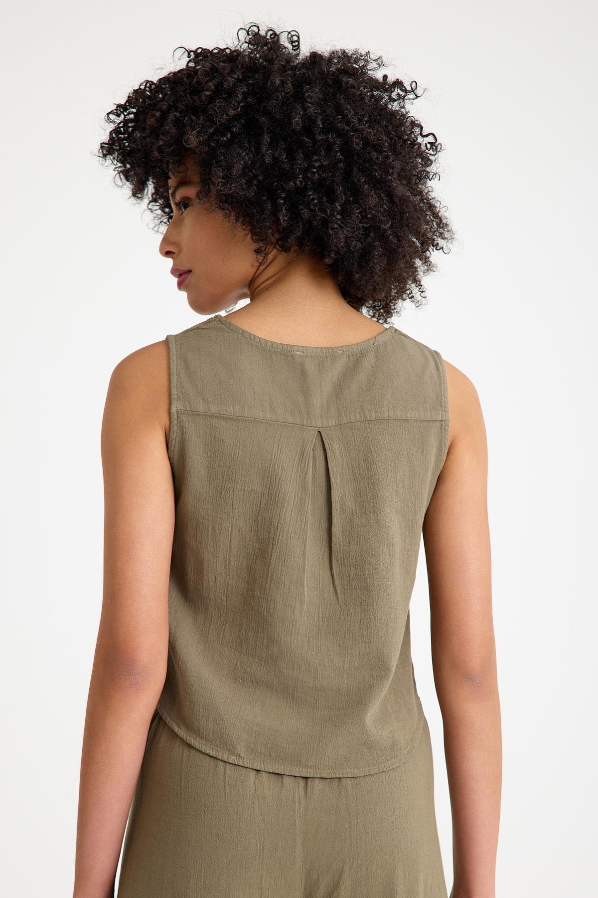 Oval Yaka Bluz - Açık Haki