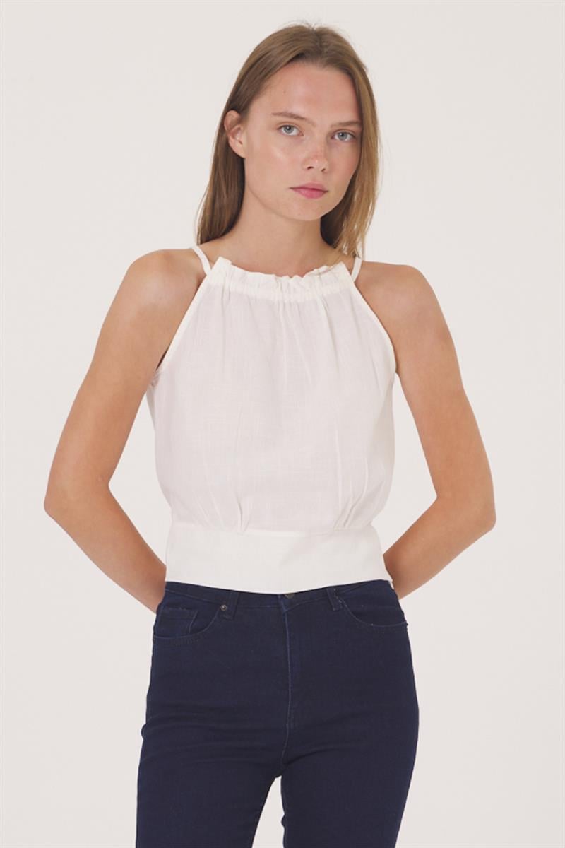 Oval Yaka Bluz - Ekru