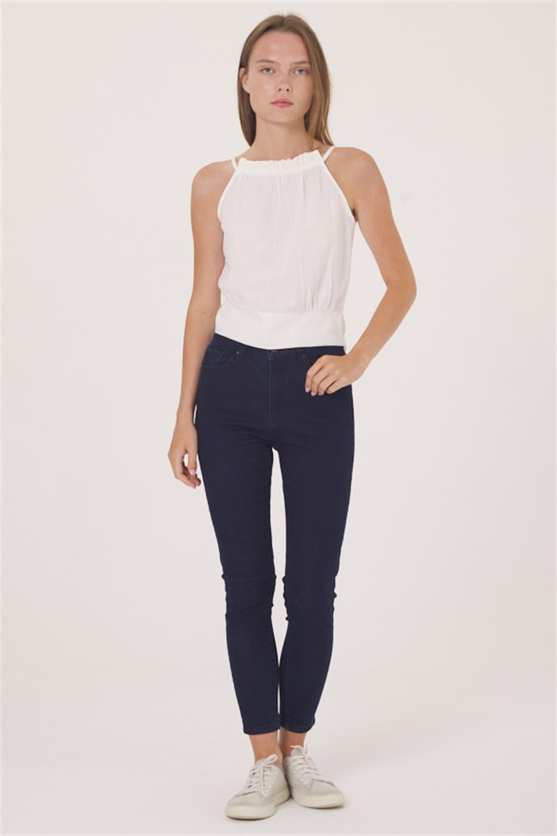 Oval Yaka Bluz - Ekru