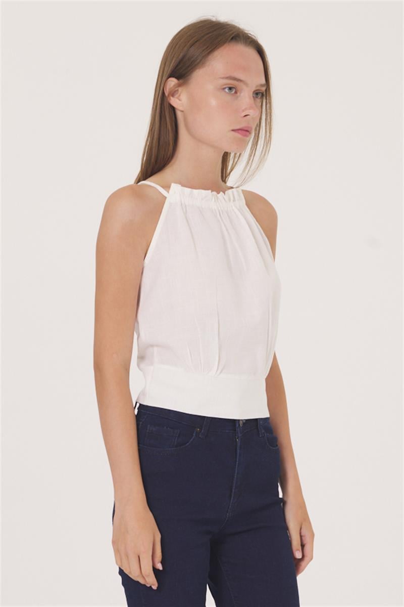 Oval Yaka Bluz - Ekru