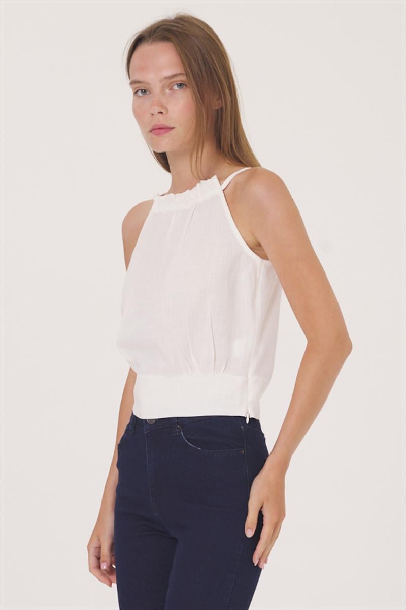 Oval Yaka Bluz - Ekru