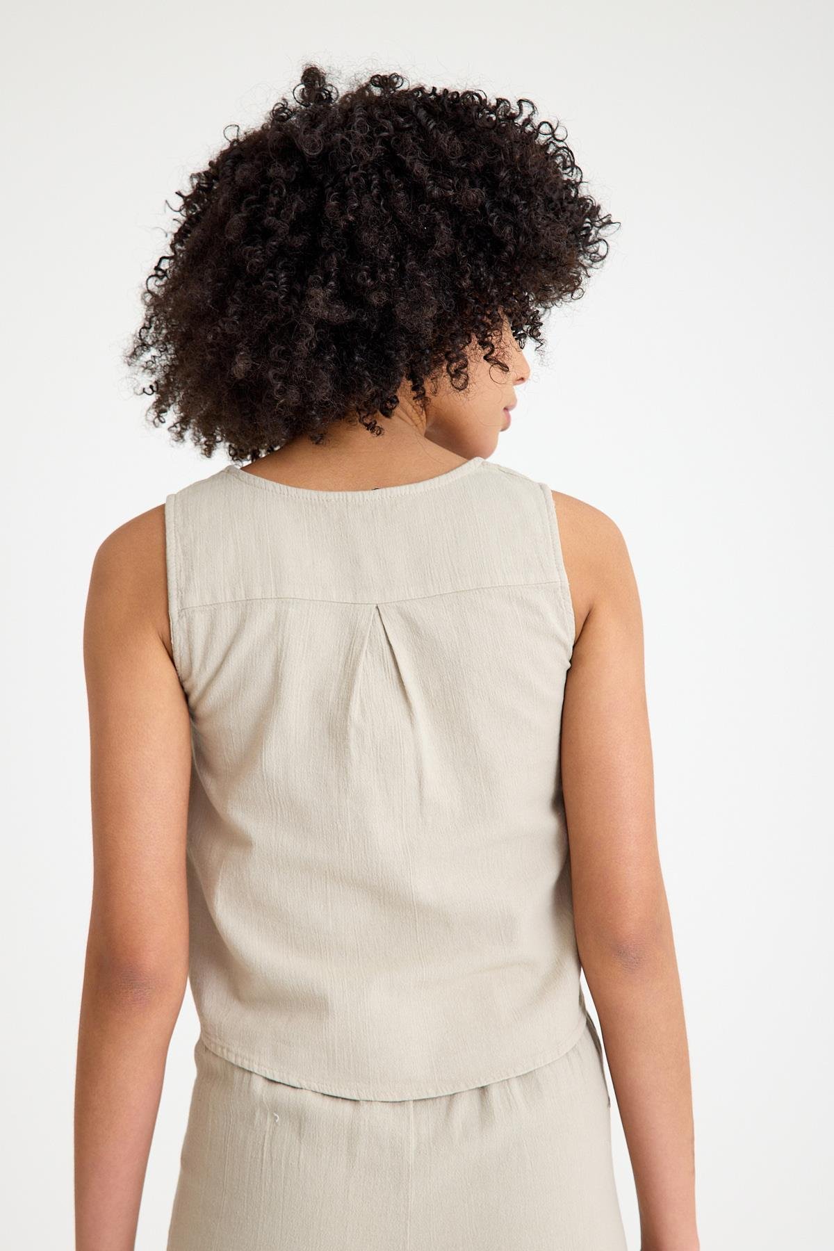 Oval Yaka Bluz - Taş