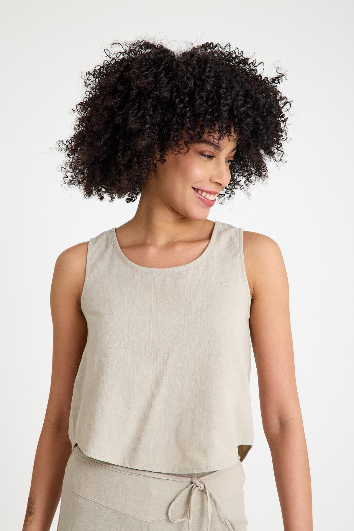 Oval Yaka Bluz - Taş