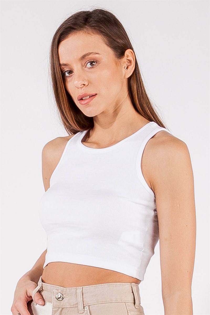 Oval Yaka Crop - Beyaz