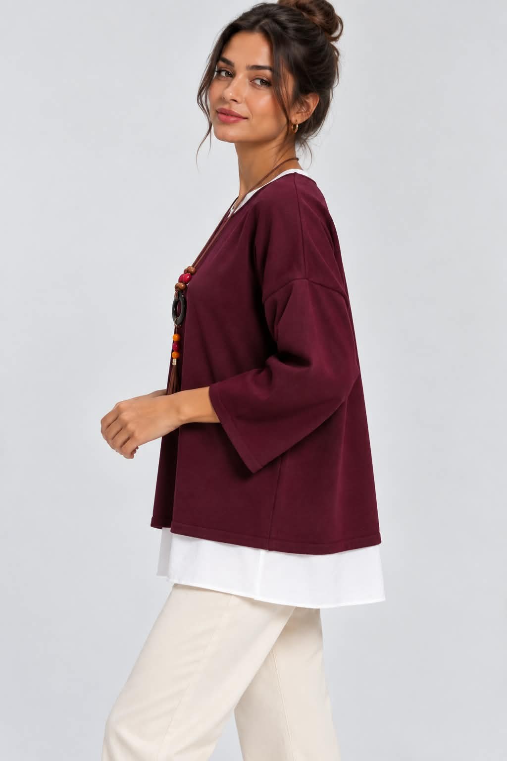 Oval Yaka Kolyeli Bluz-Bordo
