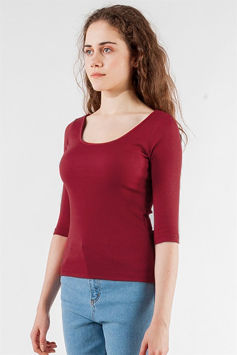 Oval Yaka Tişört - Bordo