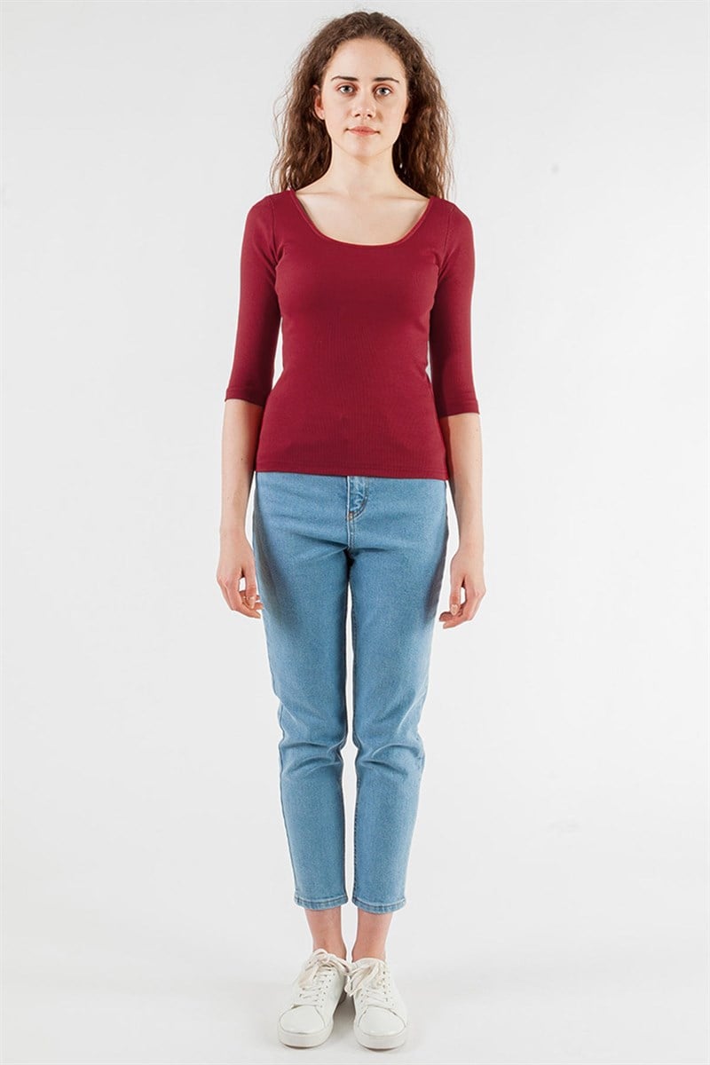 Oval Yaka Tişört - Bordo